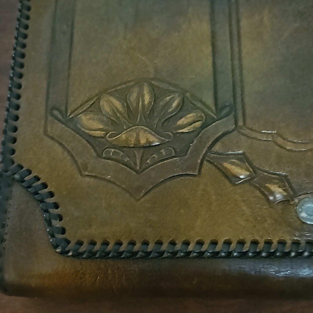 Antique Art Nouveau Tooled Floral Leather Expandable Wallet Clutch Bag - Picture 3 of 16